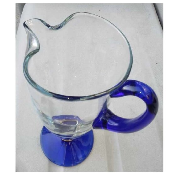 Stunning Romania Crystal Clear Glass Pitcher Cobalt Blue Gold Gilded Ring Bas - Picture 3 of 8
